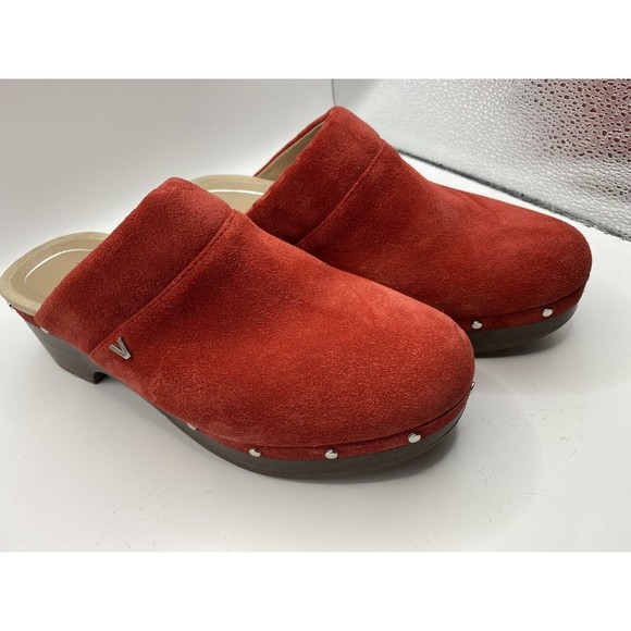 Vionic Womens Kacie Slip On Mules Clogs Sz 6 Red Suede Leather Wood Heel EUC - Picture 4 of 8